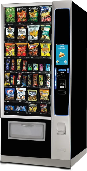 Snack vending machine stocked with chips and candy